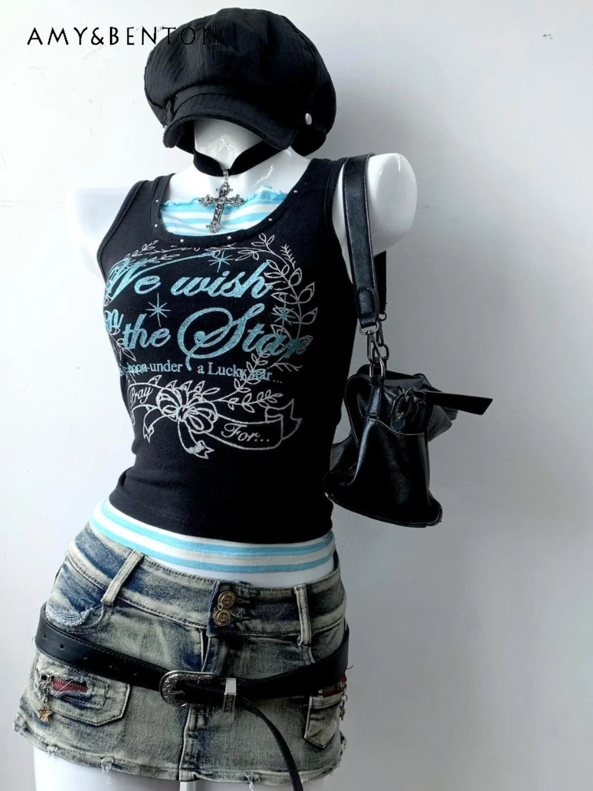 Original Subculture Black Printed Splicing Vest Top Women's Summer Street Punk Style Vintage Spicy Girl Y2K Suspenders Crop Tops