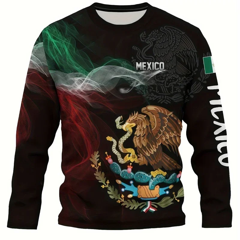 Aztec Mexican pattern printed long sleeved T-shirt for men and women, fashionable spring unisex top