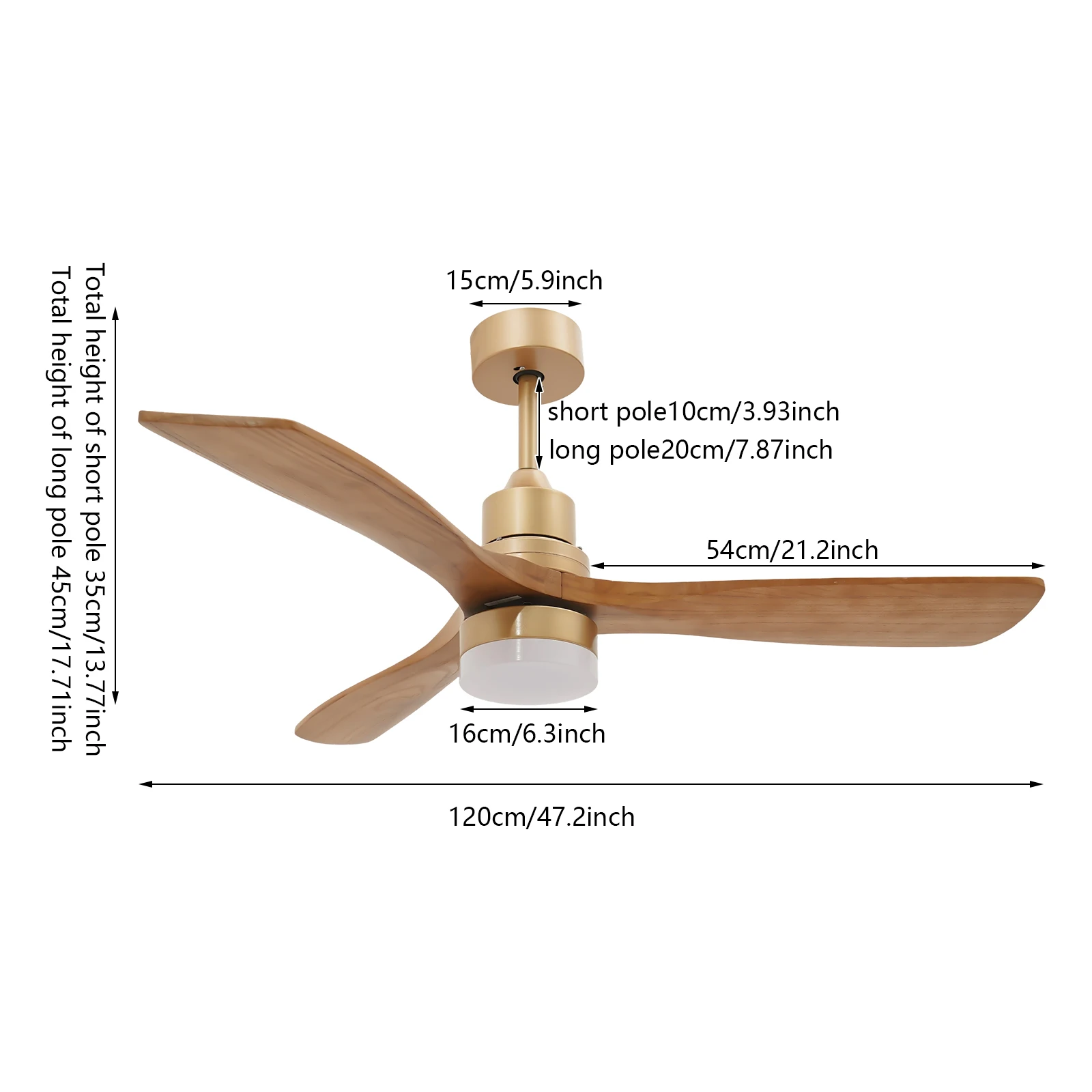 Wood Gold Ceiling Fan with LED Light Remote Control 6 Speed 1/2/4H Timer 3 Color Temp 3 Blades Reversible Quiet Copper Motor Ceiling Fan Light view 2