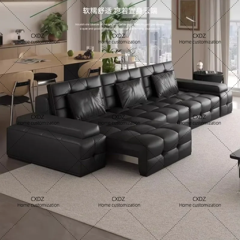 XX Multifunctional Electric Sofa Straight Row Black Sleeper Lazy Convertible Sofa Bed Luxury Lawrence Genuine Leather Living Roo