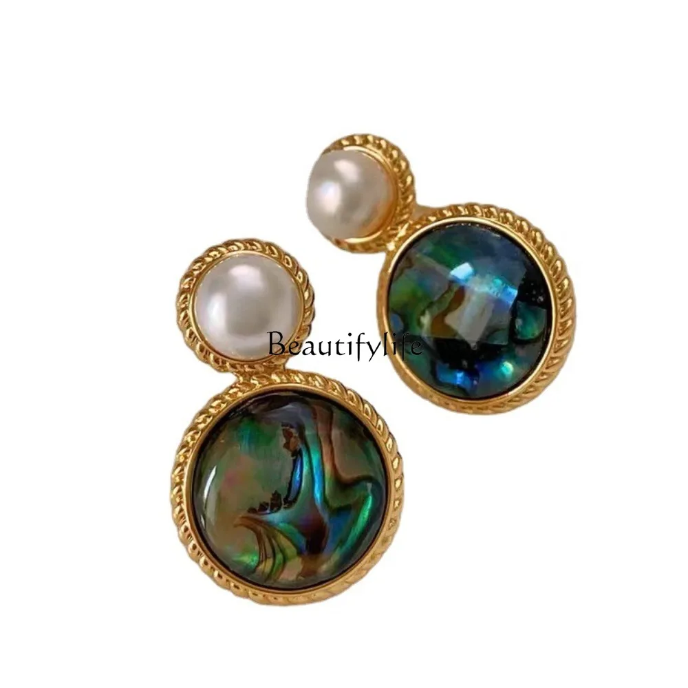 

Vintage green oil painting colorful abalone shell earrings natural pearl earrings high sense