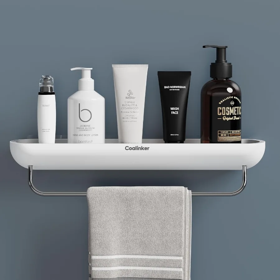 

Современный органайзер для ванной комнаты, полка для душа с вешалкой для полотенец, самоклеящаяся настенная полка для хранения для дома, квартиры, нержавеющая пла