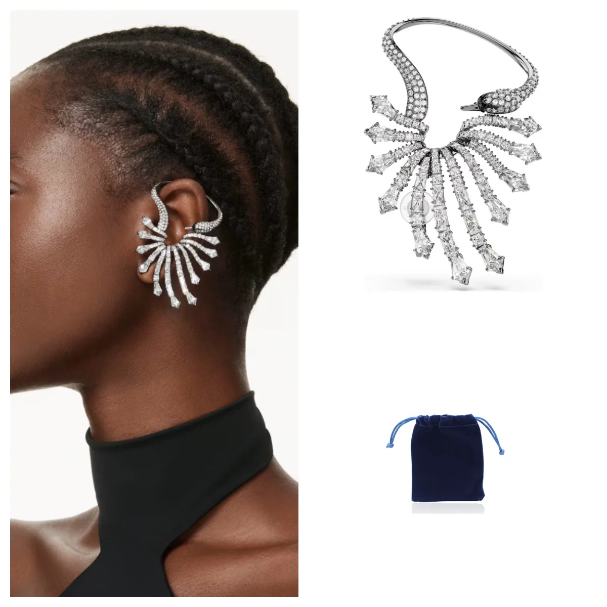 The Vienna Collection ear cuff Swan, White, Ruthenium plated