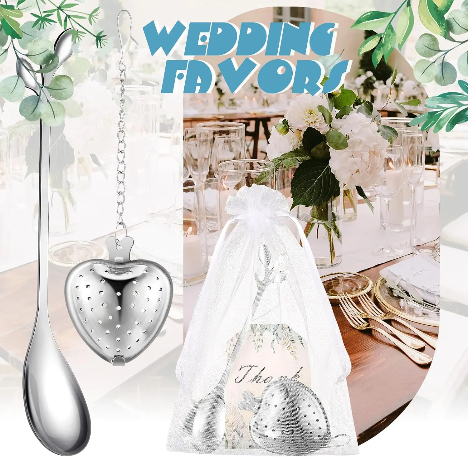 25 Sets Shower Tea Party Gift Set, Heart-Shaped Tea Infuser with Spoon & Thank Card in Organza Bag for Guest Party Supplies