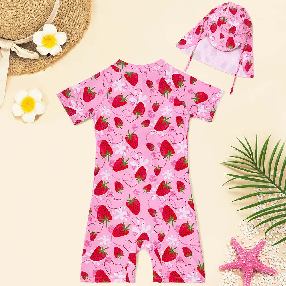 Baby Girl Swimsuit Short Sleeve One-Piece Swimwear with Hat Rash Guard Strawberry Print Zipper Beach Infant Bathing Suit