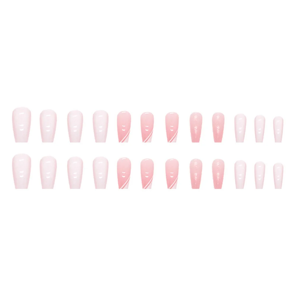 24Pcs Simple Pink Medium Length Ballet Fake Nails White Gradient Press on Nails Finished Full Coverage Wearing False Nail Tips