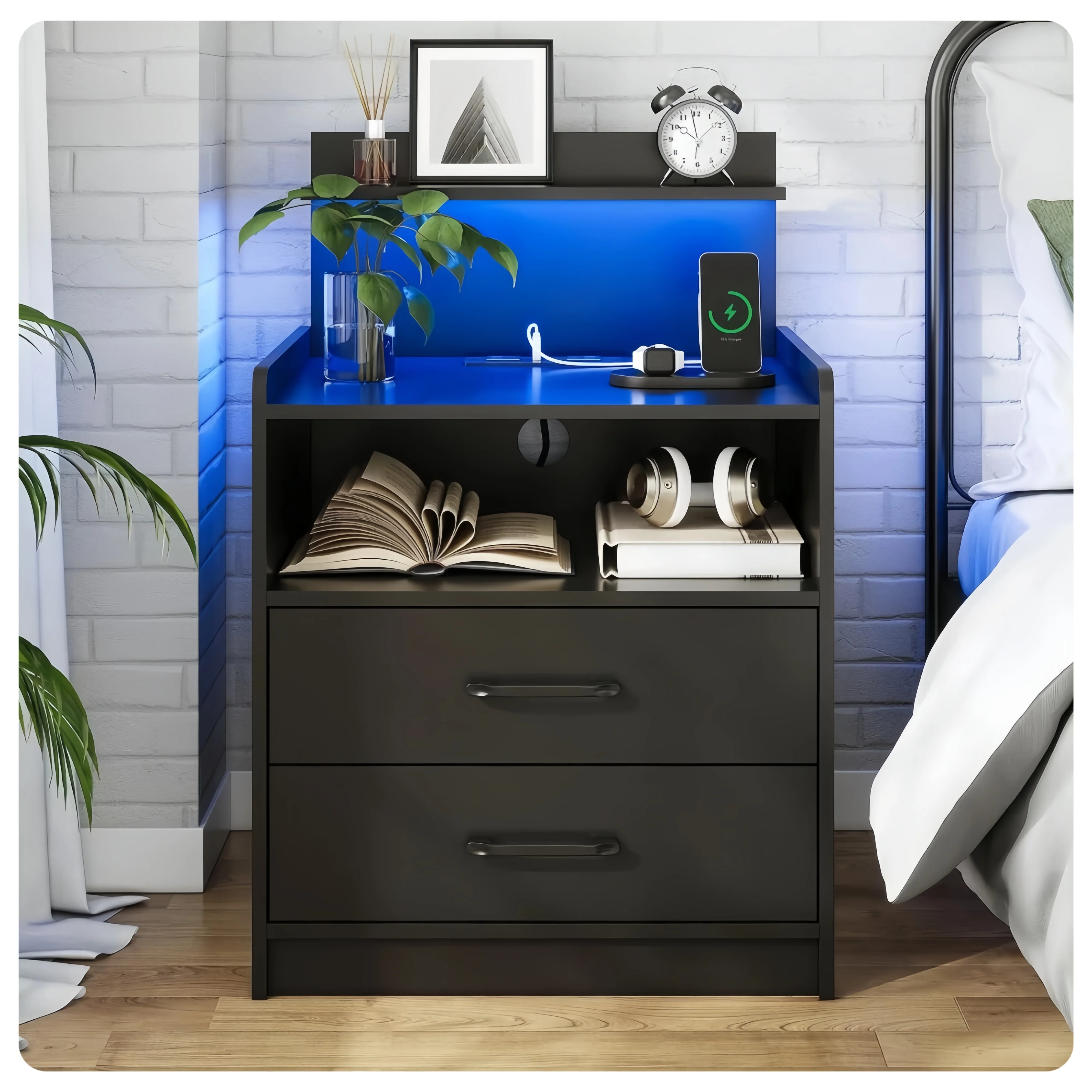 LED bedside cabinet with charging station, bedside table with two drawers and open storage, with USB interface socket, black