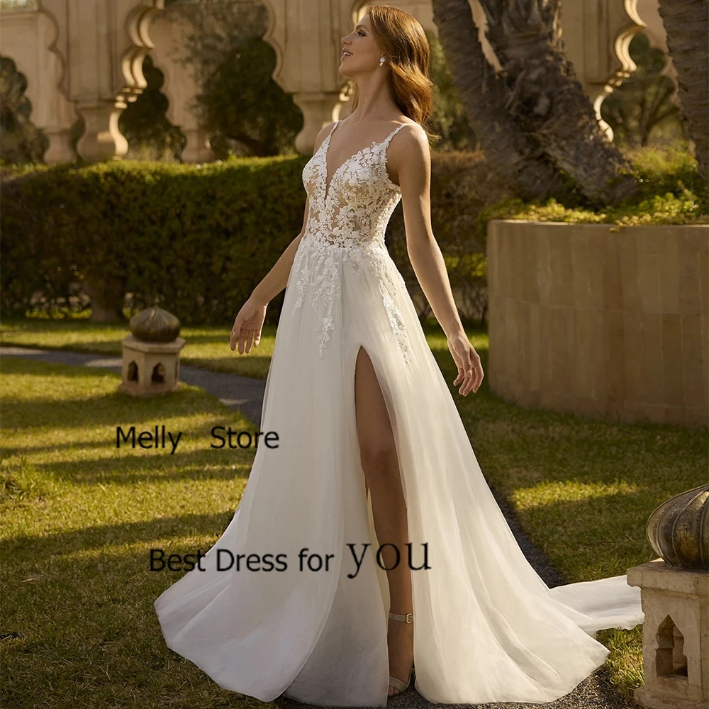 

Modern V Neck Wedding Dresses Soft Tulle Bridal Gowns Court Train Sleeveless New Vestido De Novia Exquisite New Robe De Summer