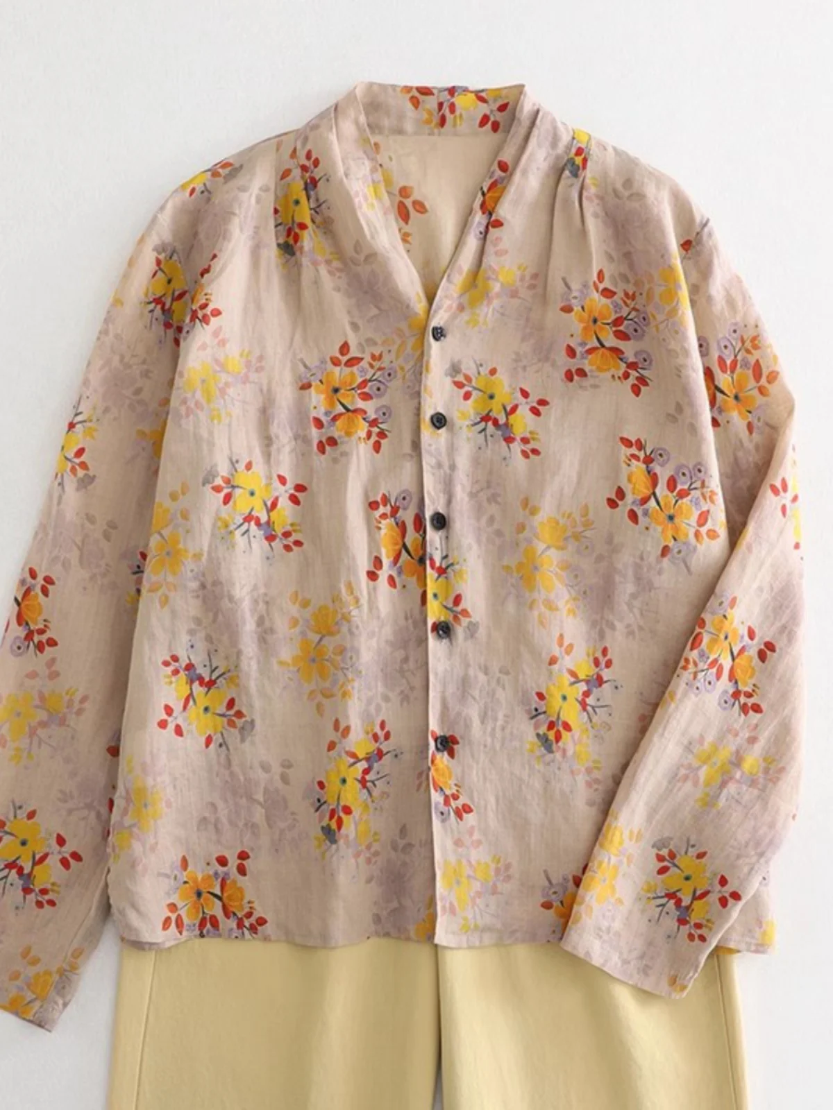 Leve estampa floral irt botão único v-ne longo sve casual primavera topo para mulheres plus size mistura de algodão confortável