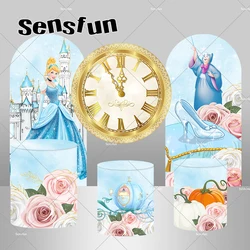 Fairy Princess Cinderella Arch Backdrop Gold Round Clock Background for Girls Baby Shower Birthday Party Carriage Plinth Covers