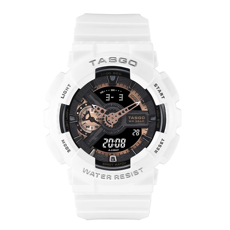 TASGO T100 Sport Men\'s Quartz Digital Watch LED Auto Hand Lift Light Full Function World Time 50MM Large Dial Oak Collection