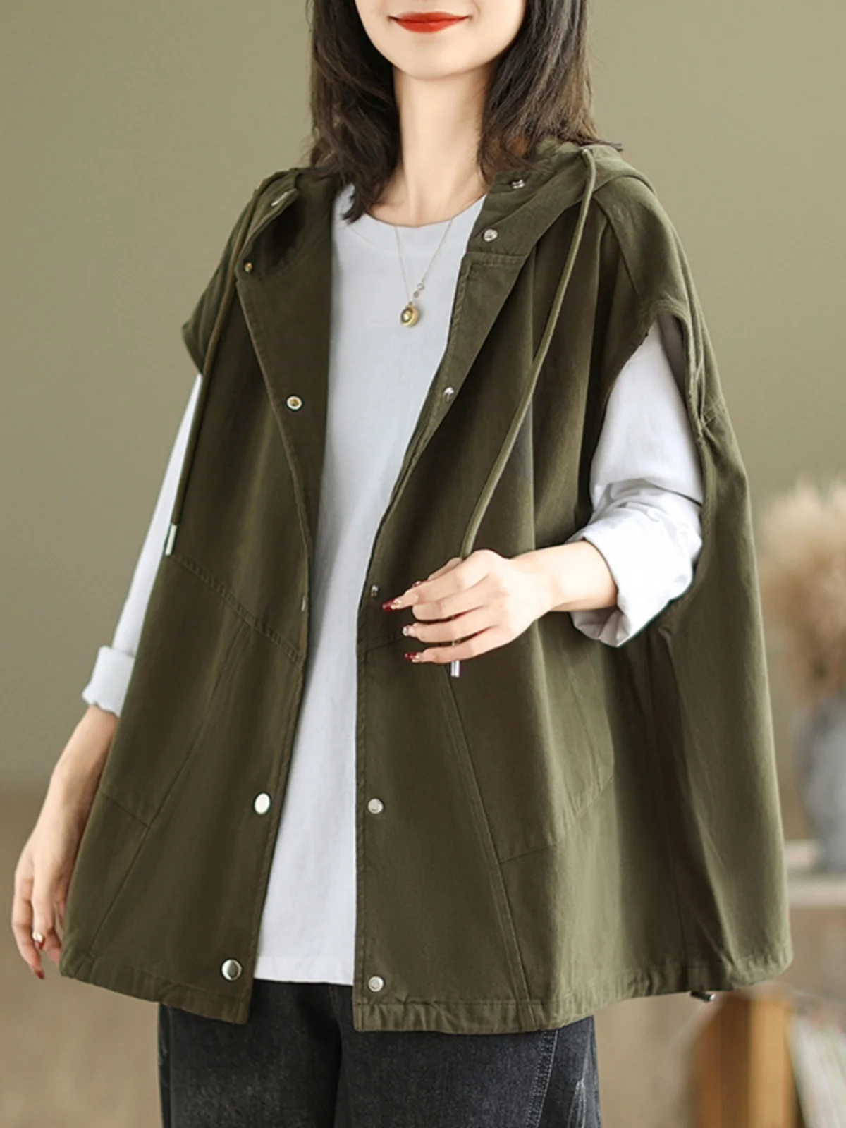 

Японская рабочая одежда в стиле ретро, тюнет, жилет, женская свободная повседневная верхняя одежда, жилет с капюшоном, топ 2024, осенний сезон