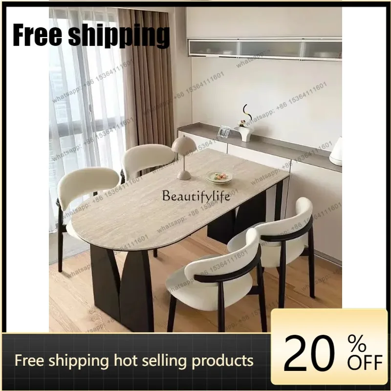 HJ French retro travertine rock slab dining table household oval solid wood dining table ancient quiet wind