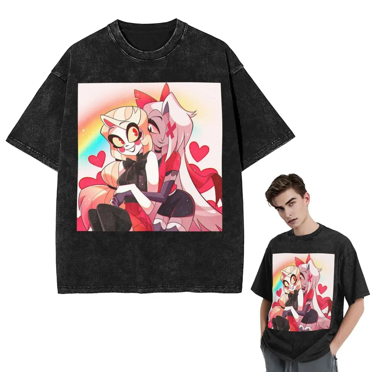 Streetwear T-Shirts Charlie And Vaggie Valentines Hazbin Hotels Washed T Shirt Short Sleeve Hip Hop T-Shirt Tops Tees
