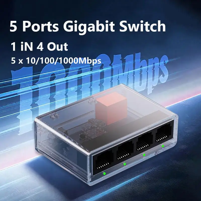 5 Port Gigabit Ethernet Switch ,Ethernet Splitter 1 to 4 1000Mbps, Internet Cable Splitter 1 in 4 Out High Speed Switch Network