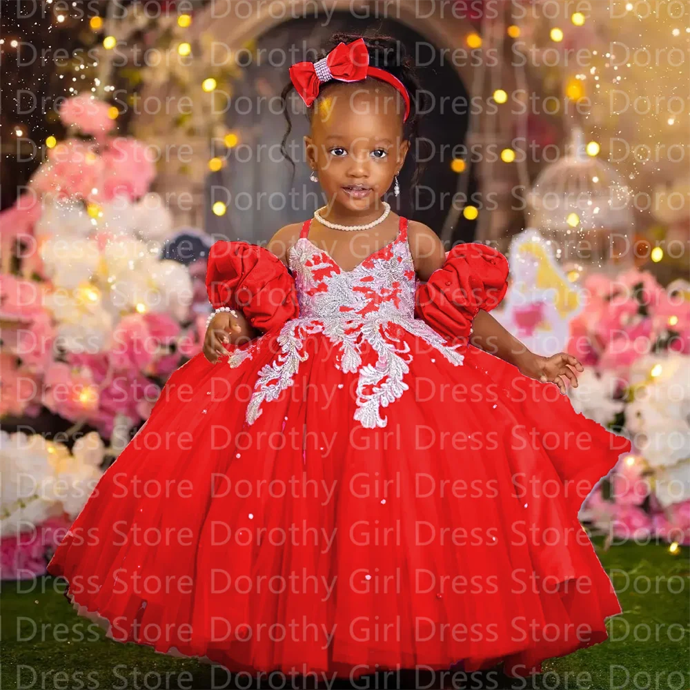 

Red Little Girls Birthday Dress Spaghetti Strap Applique Bow Flower Girl Dresses Birthday Wedding Prom for Photoshoot