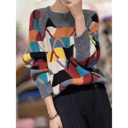 Autumn and winter heavy heavy sweater hand-plaid inlaid round neck long sleeve European station 100% pure cashmere sweater