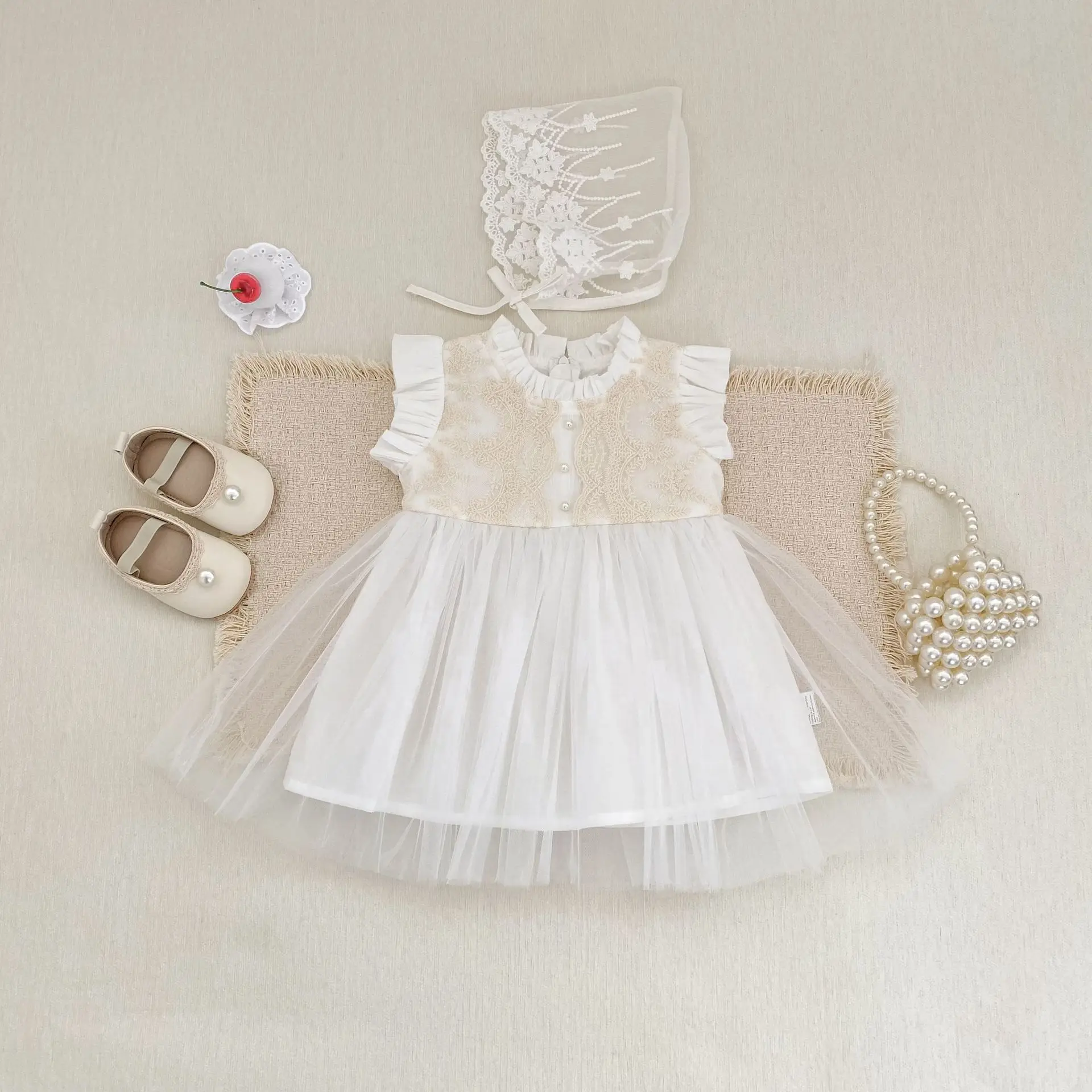 

2026 Summer New Baby Girl Flying Sleeve Lace Collar Dress Cotton Girls Cute Mesh Dress Solid Princess Dress Toddler Clothes