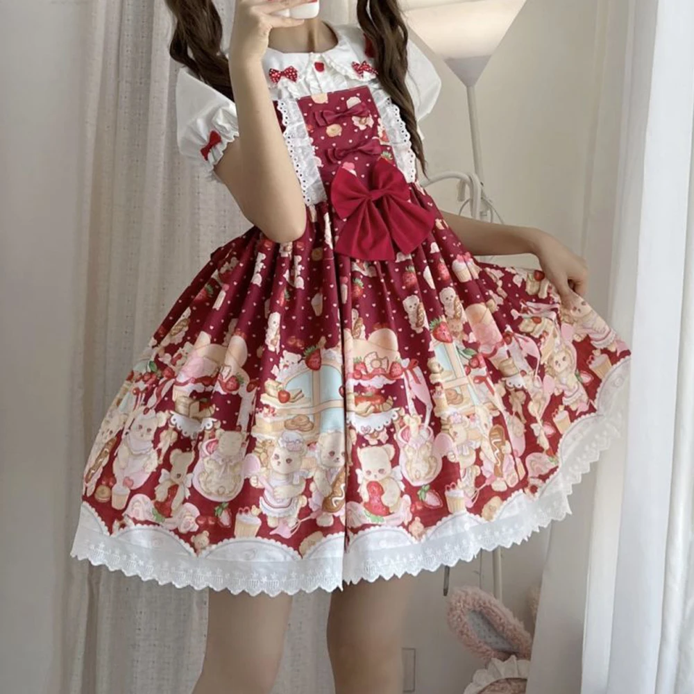 

Sweetheart Palace Original [Strawberry Bear Cake] Genuine Printing, Cute Suspender Jsk New Year's Lolita Princess Dress