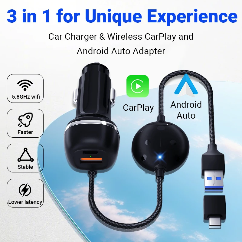 XUDA 2025 NEW 2 in 1 Wireless CarPlay&Android Auto Adapter Car Charger 5.8GHz 3 in 1 For Unique Experience For Toyota Mazda