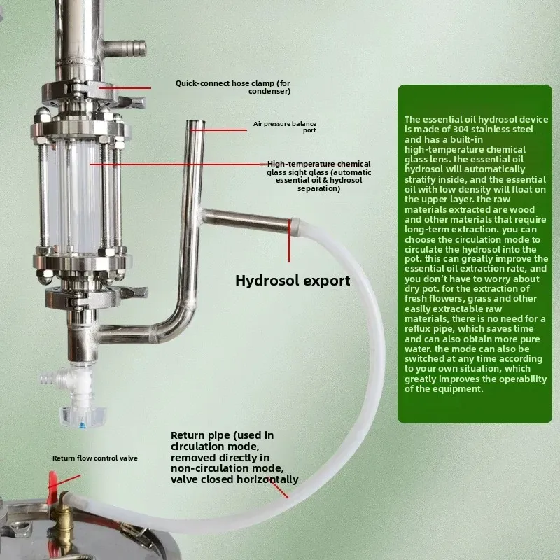 Stainless Steel Hydrosol Distiller Essential Oil Extraction Machine for Home and Commercial Use