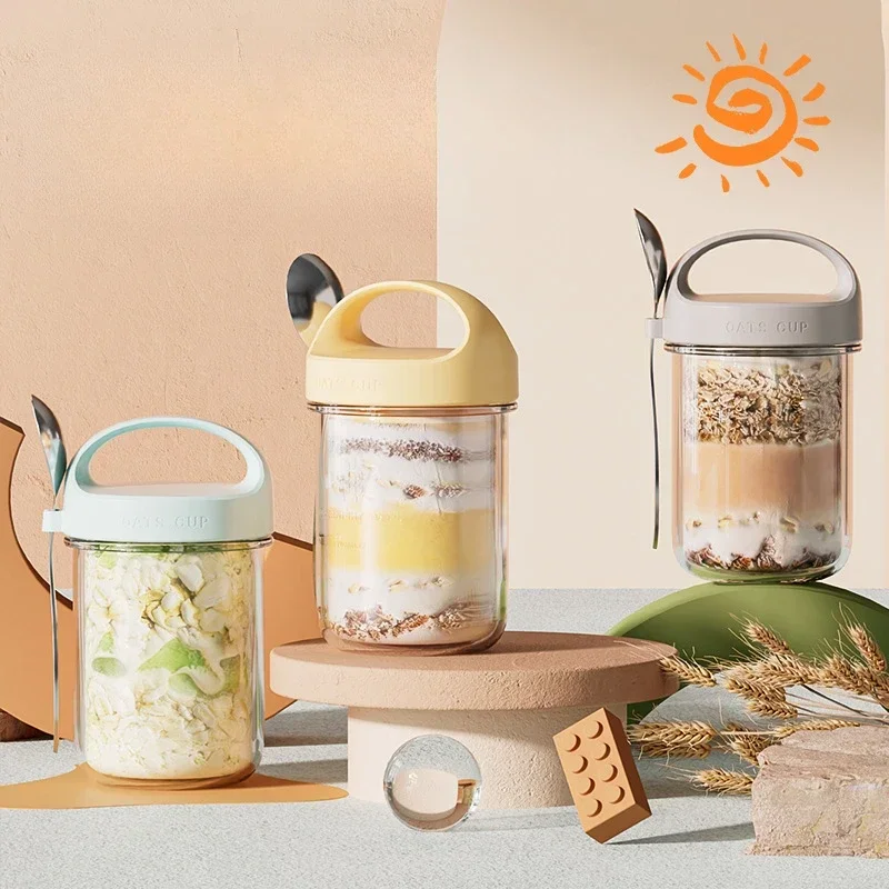 420ML New Breakfast Cups Oatmeal Cereal Nut Yogurt Salad Cup Leakproof Glass Oats Container With Lid Spoon Food Storage Box