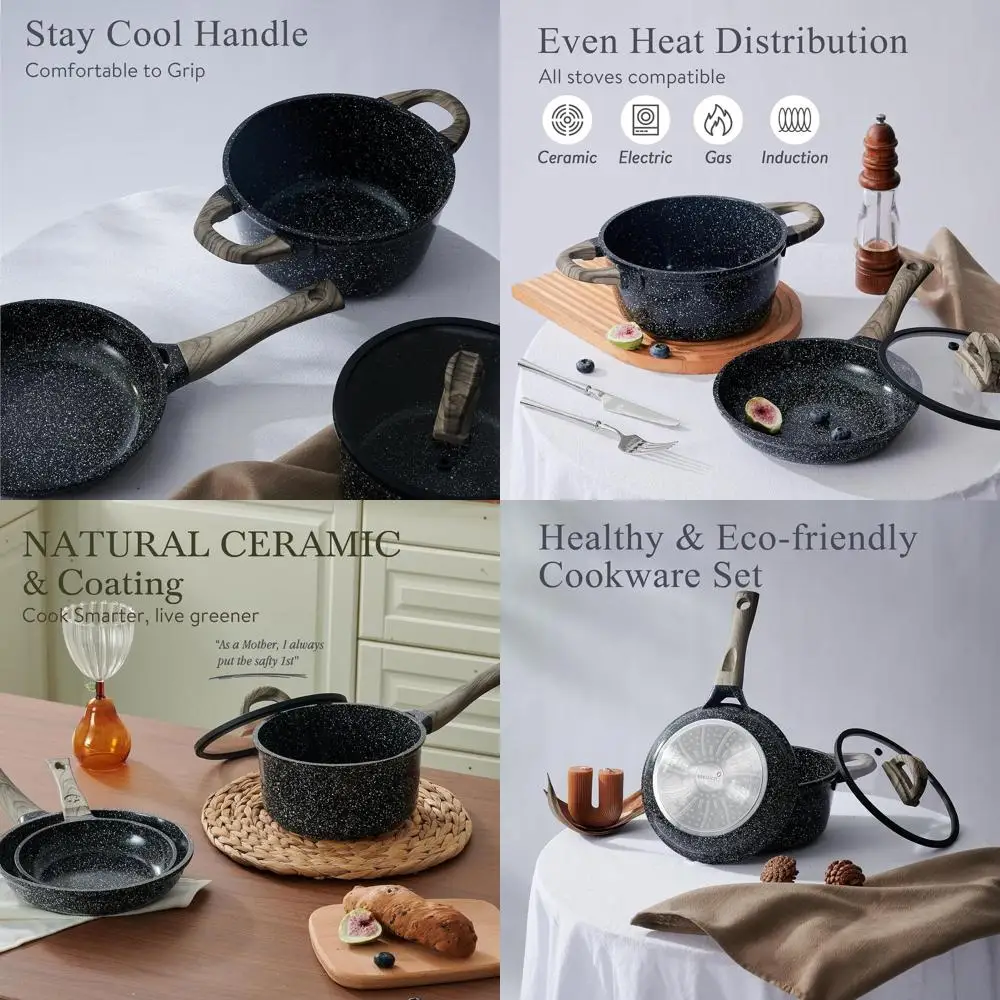 

22-Piece Nonstick Ceramic Cookware Set with 8 Pan and Lids, Black Granite, Induction-Safe, PFC-Free