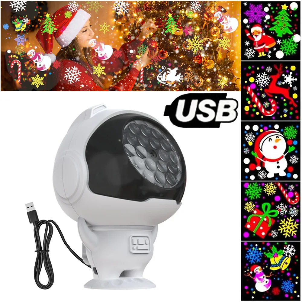 USB Power Christmas Astronaut Projector Rotatable Dynamic 16 Patterns LED Spotlight Projector for New Year Party Indoor Decor