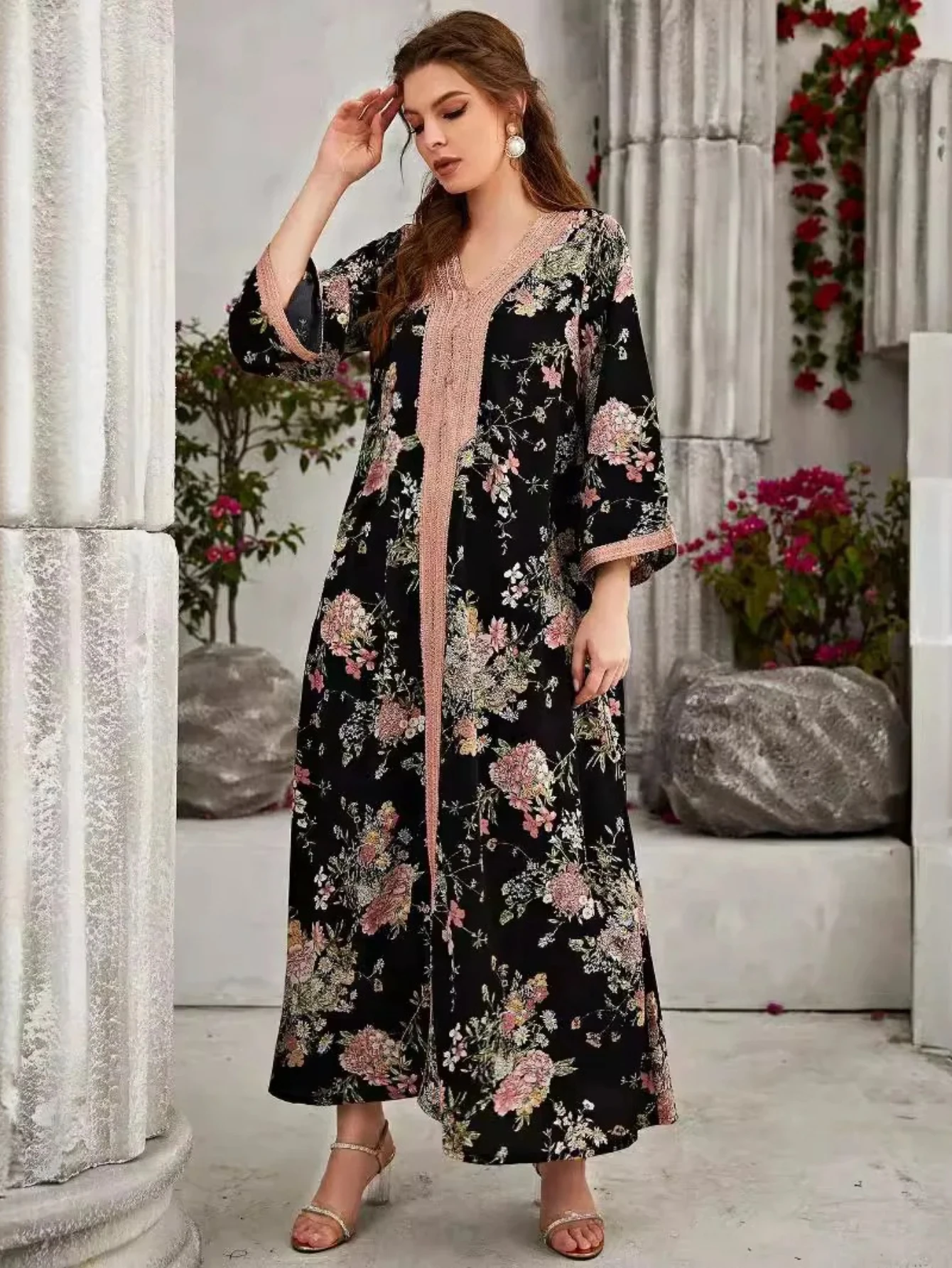 Abaya Blumendruck Muslimische Kleider Eid Frauen 2025, Dubai, Arabisch, lange Robe, Ramadan, Marokko, Kaftan, Partykleid, Vestidos Largos