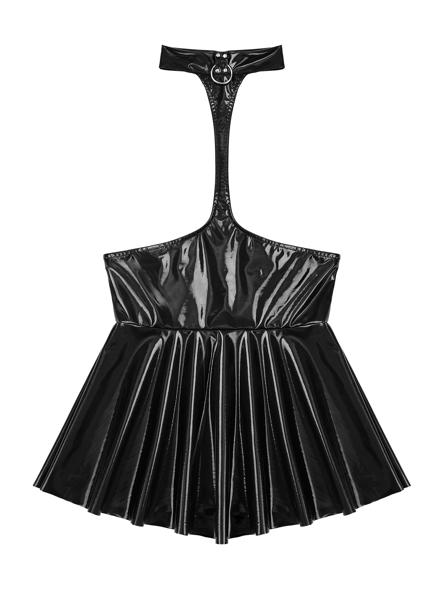 Womens Halter Open Chest Ruffled Dress Wet Look Patent Leather Mini Pleated Dress Sexy Backless Dress Lingerie Rave Nightwear