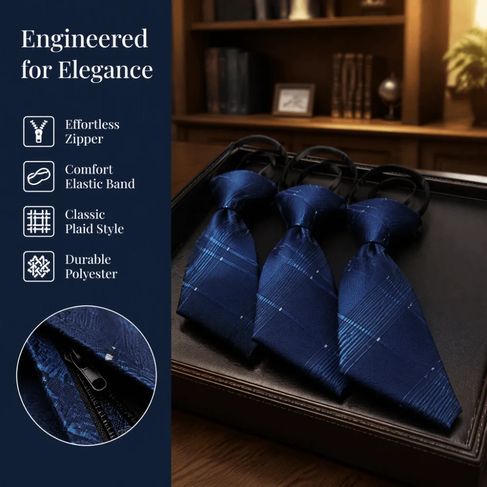 No-Tie Easy Zipper Tie with Elastic Band Multi-Color Pre-Tied Zipper Necktie Plaid 7cm Width Business Casual Tie Formal Office