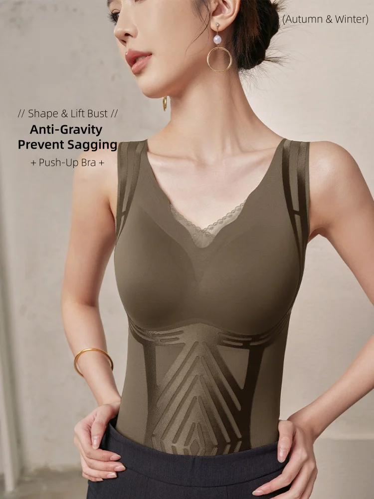 

Autumn Winter Brushed Fleece Thermal Shaping VestBuilt-in Bra PadsSeamless V-NeckSlimming Anti-SaggingShapewear Top