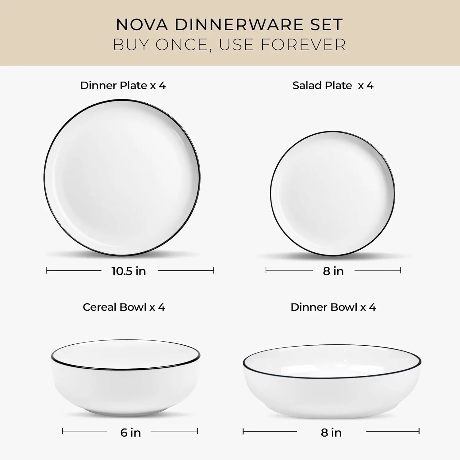 طقم أواني طعام بورسلين نوفا، خدمة لـ 4 أشخاص - أطباق وأطباق بيضاء مقاومة للرقاقة والخدش - ميكروويف وغسالة أطباق