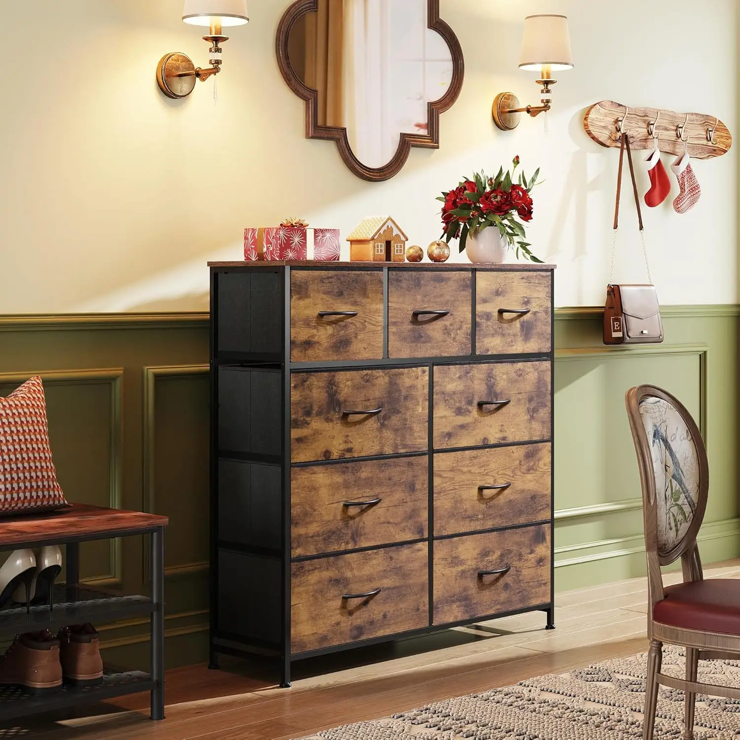 

9 drawer dresser for bedroom hallway entrance, easy-pull handle storage dresser and chest of drawers