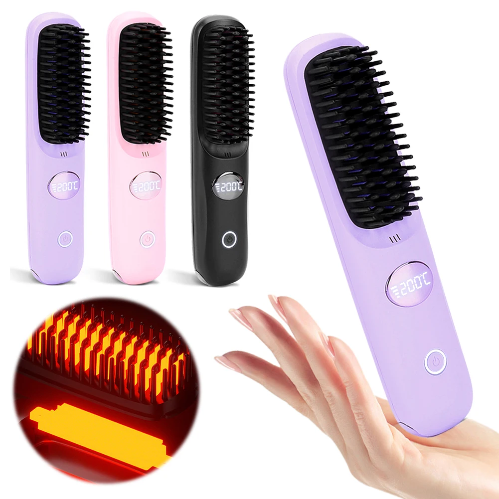 Portable Hair Straightener Cordless Hair Straightener 3 Adjustable Temp Mini Hair Hot Comb Type C Rechargeable for Hair Styling