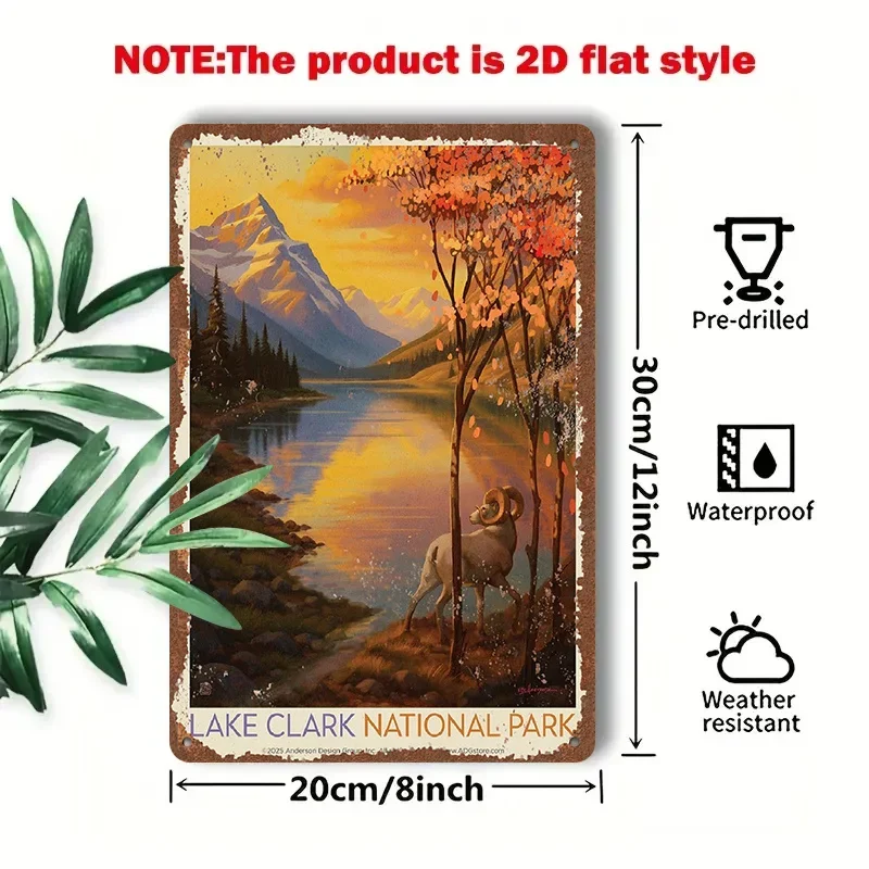 2D Flat - 1pc 2D[Flat] Metal Sign Vintage Tin Painting of Lake Clark National Park, Depicting Autumn Mountains, Lakes, And Alpac