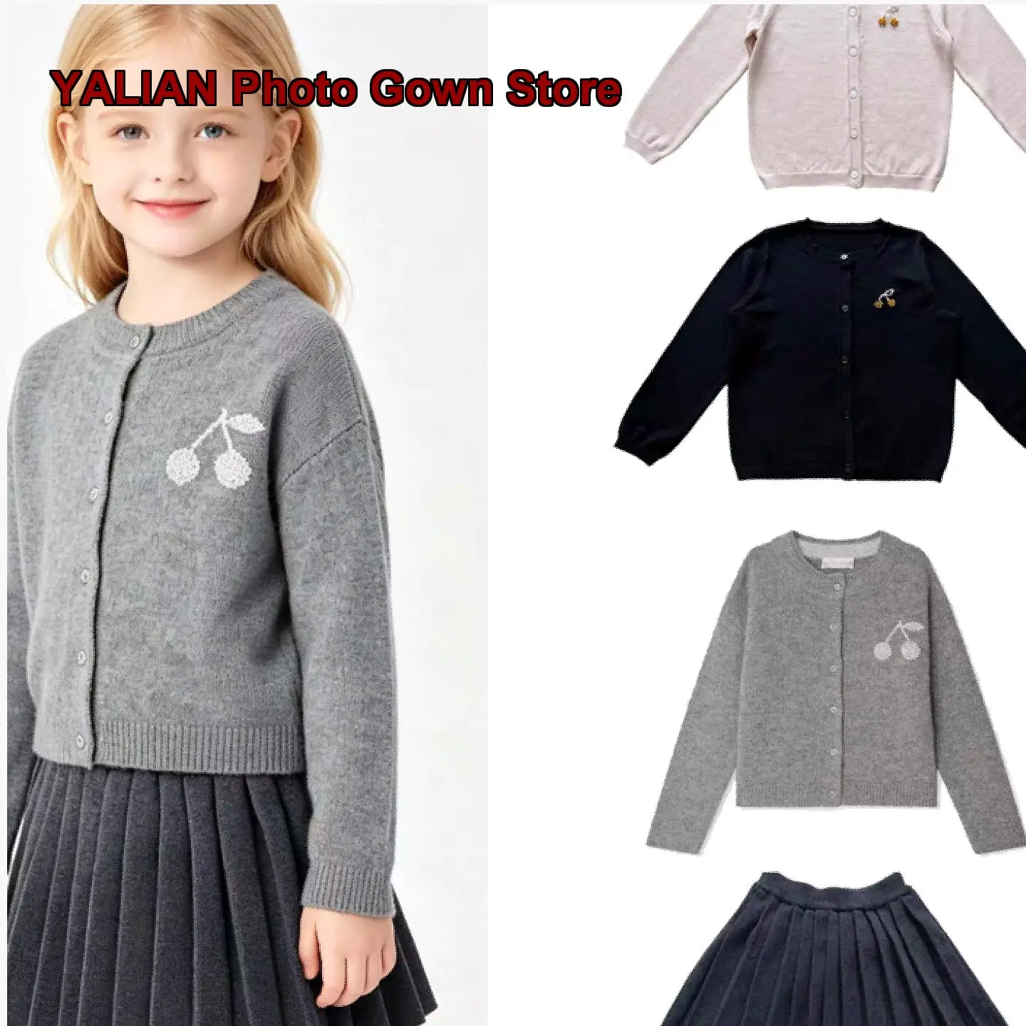 Girls Hand-Embroidered Cherry Knit Pleated Skirt Two-Piece Set Autumn Winter 2026 Kids