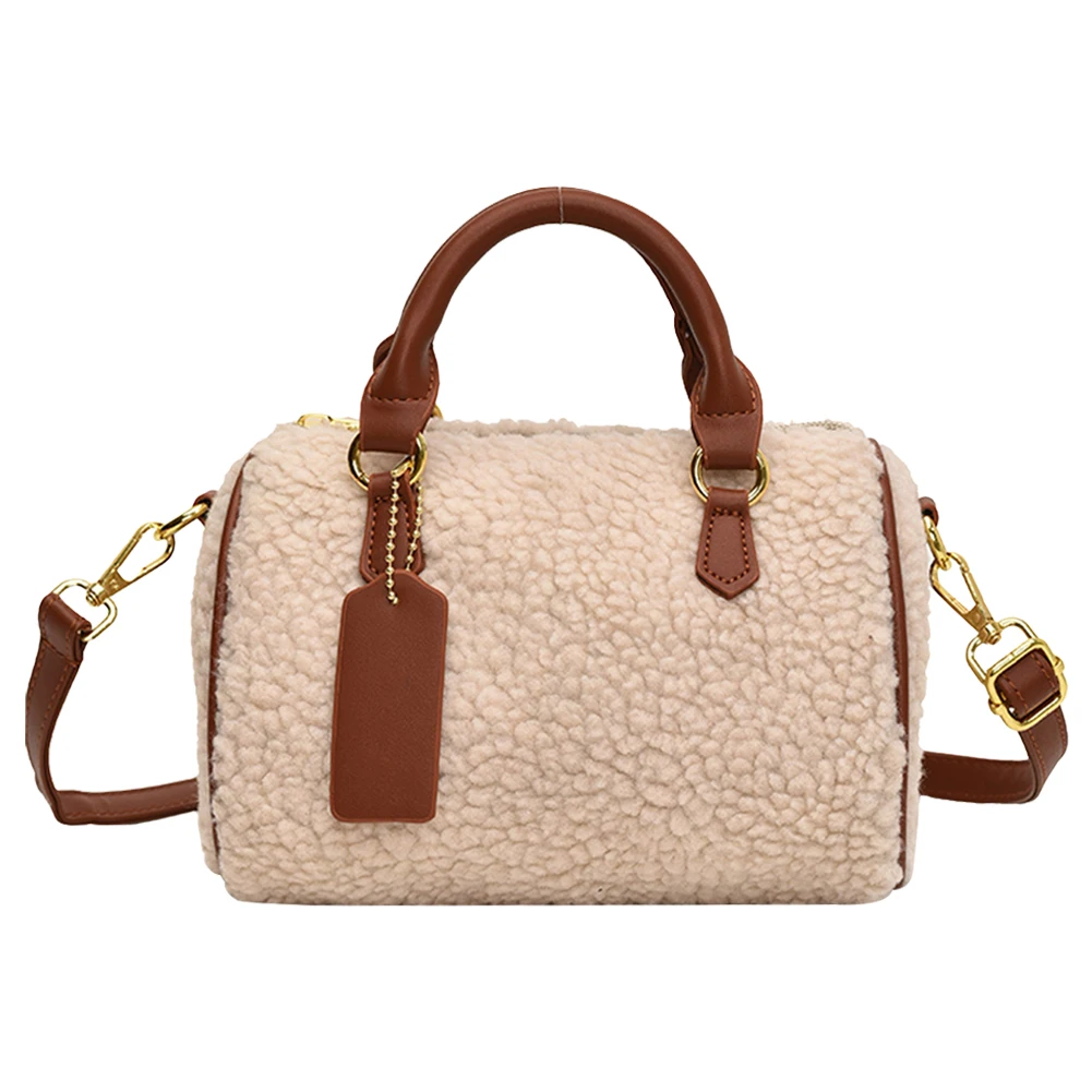 

Women PU Leather Shoulder Bag Fluffy Boston Barrel Bag with Zipper Handbag with Pocket Satchel Purse for Work Travel