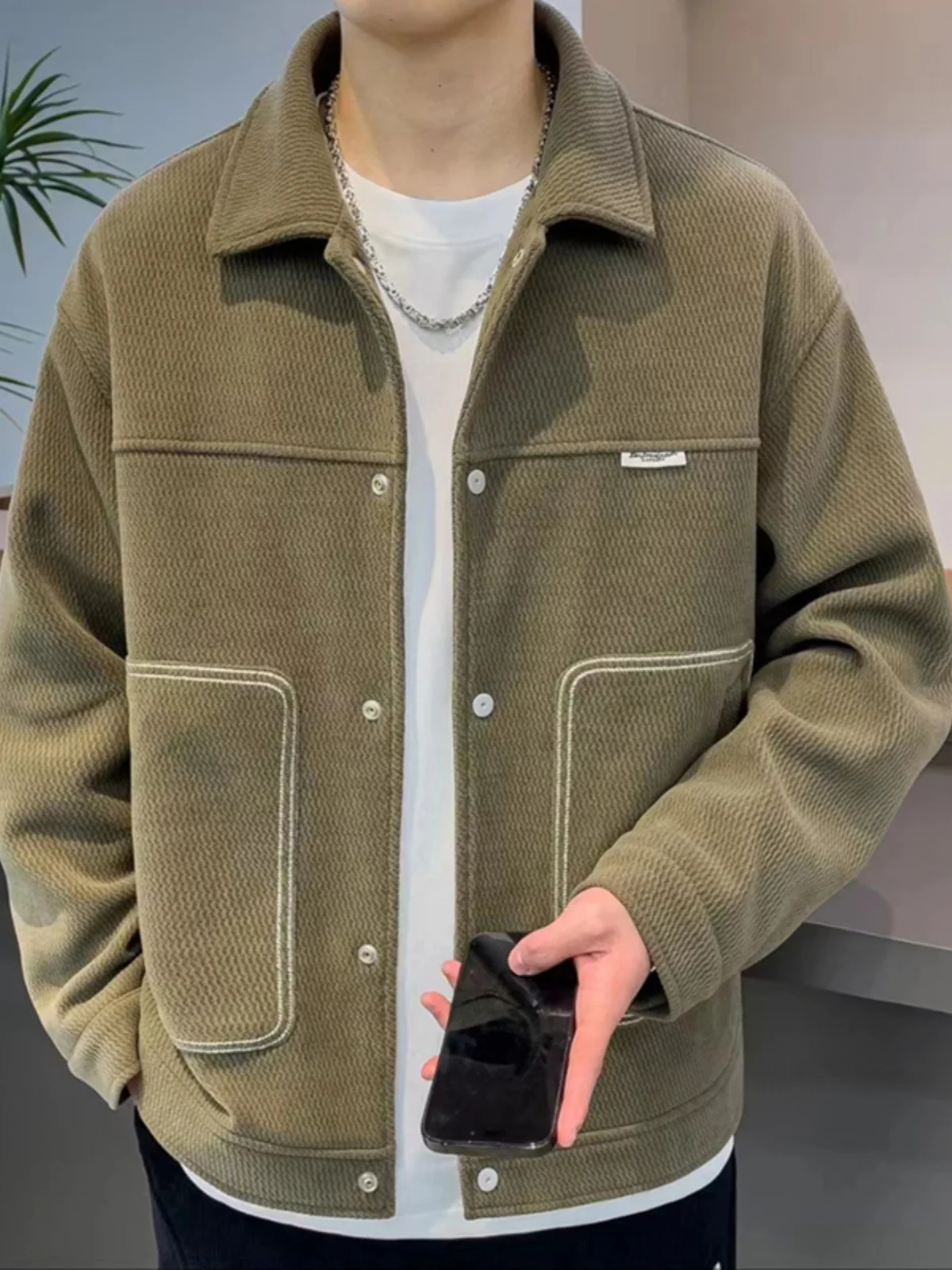 

Men's Faionable Thiened Fce Lined Stand Collar Jaet Versatile Outerwear Urban Sle Long Sve Youth Coat for Autum...