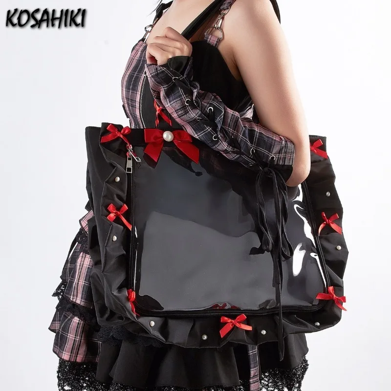 

Transparent Fairy Ruffled Bow Ita Bags High-capacity Pu Leather Underarm Bag All Match Fashion Y2k Aesthetic Shoulder Handbags