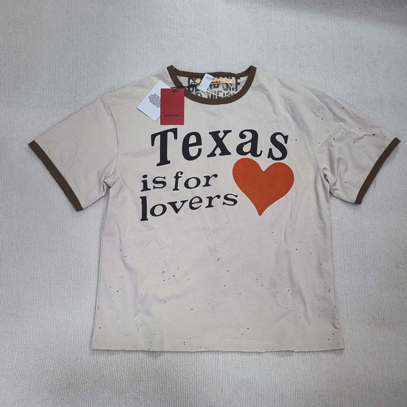 SECND SLF Short Sleeve Heart Letter Print Top Men Women Loose Fit Round Neck Distressed Splatter T-Shirt