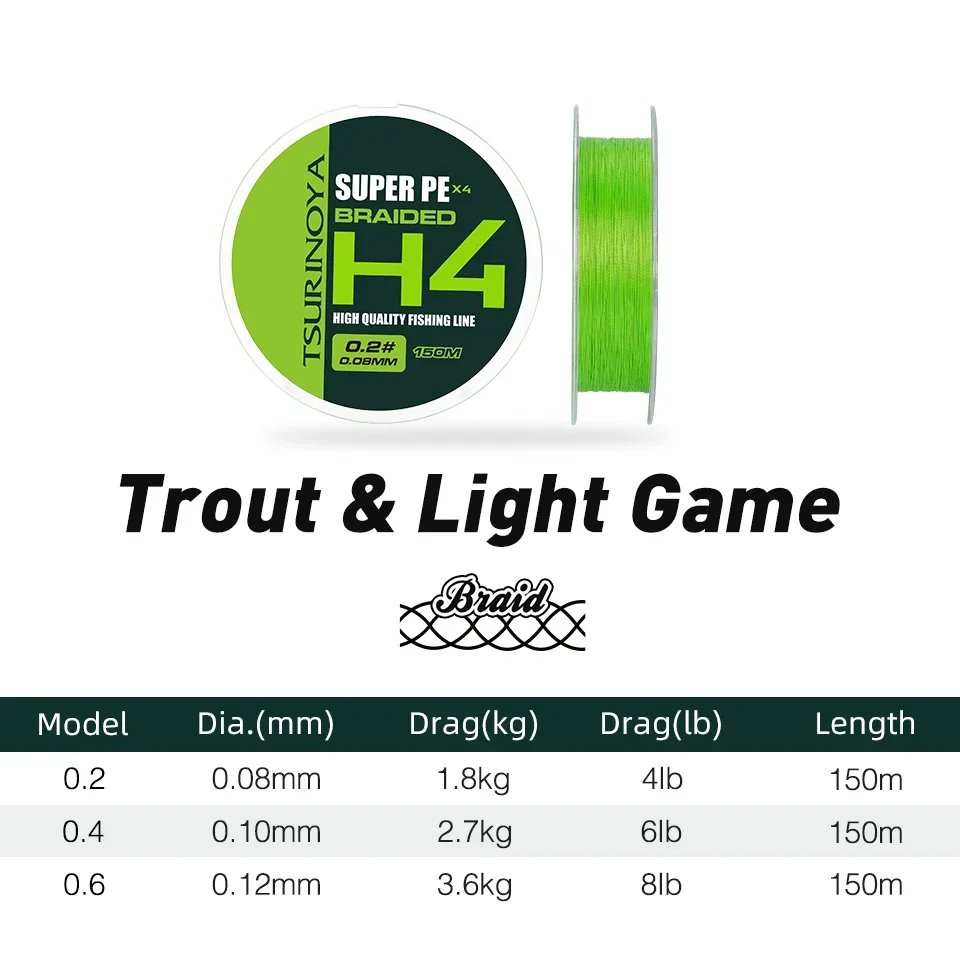 TSURINOYA 4 Strands Braided Fishing Lines 4LB 6LB 8LB Light Game TROUT Game H4 150m Multifilament PE Line AJING Long Casting