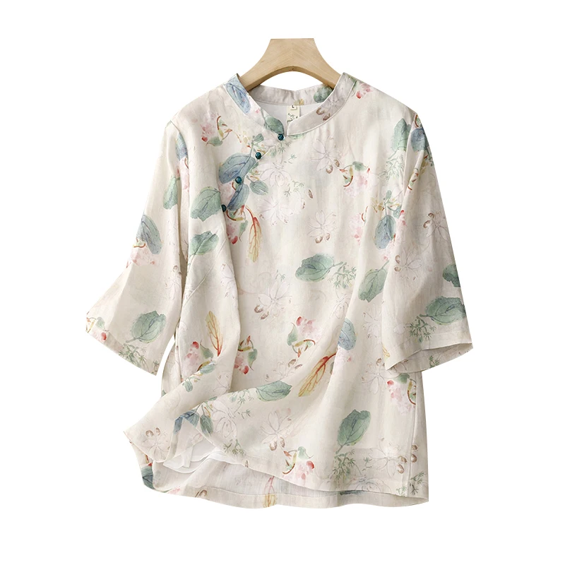 신상 중국 스타일 여성 봄 여름 플로럴 프린트 린넨 칼라 스탠드업 빈티지 티셔츠 스윗 슬레 루즈핏 파이브 스타일