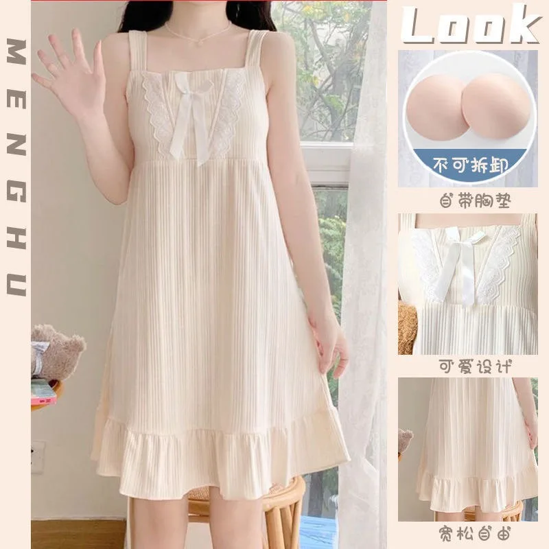 Women Summer Spaghetti Strap Nightgown With Cute Bowknot Chest Pads Sweet Sexy Lace Trim Mid Length Sleep Dress