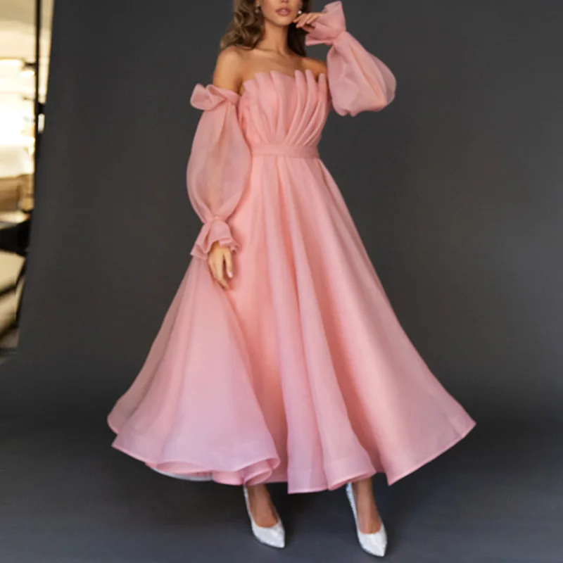 Fantasy Reffles Ladies Party Dresses Sexy Off The Shoulder Prom Dress Luxury Long Sleeves Bridesmaid Ball Gown Vestidos Robe