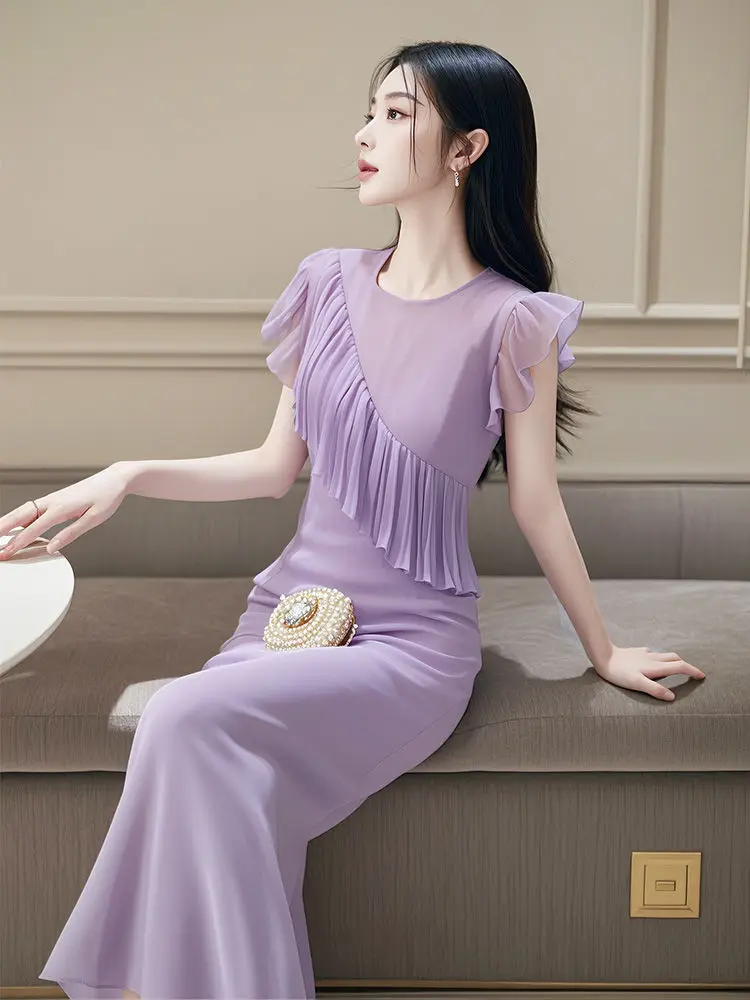 

Summer Dress Sleeveless Chiffon Purple and White Dress Design Elegant Lady Long Dress Leisure Holiday Beach Vestidos De Mujer