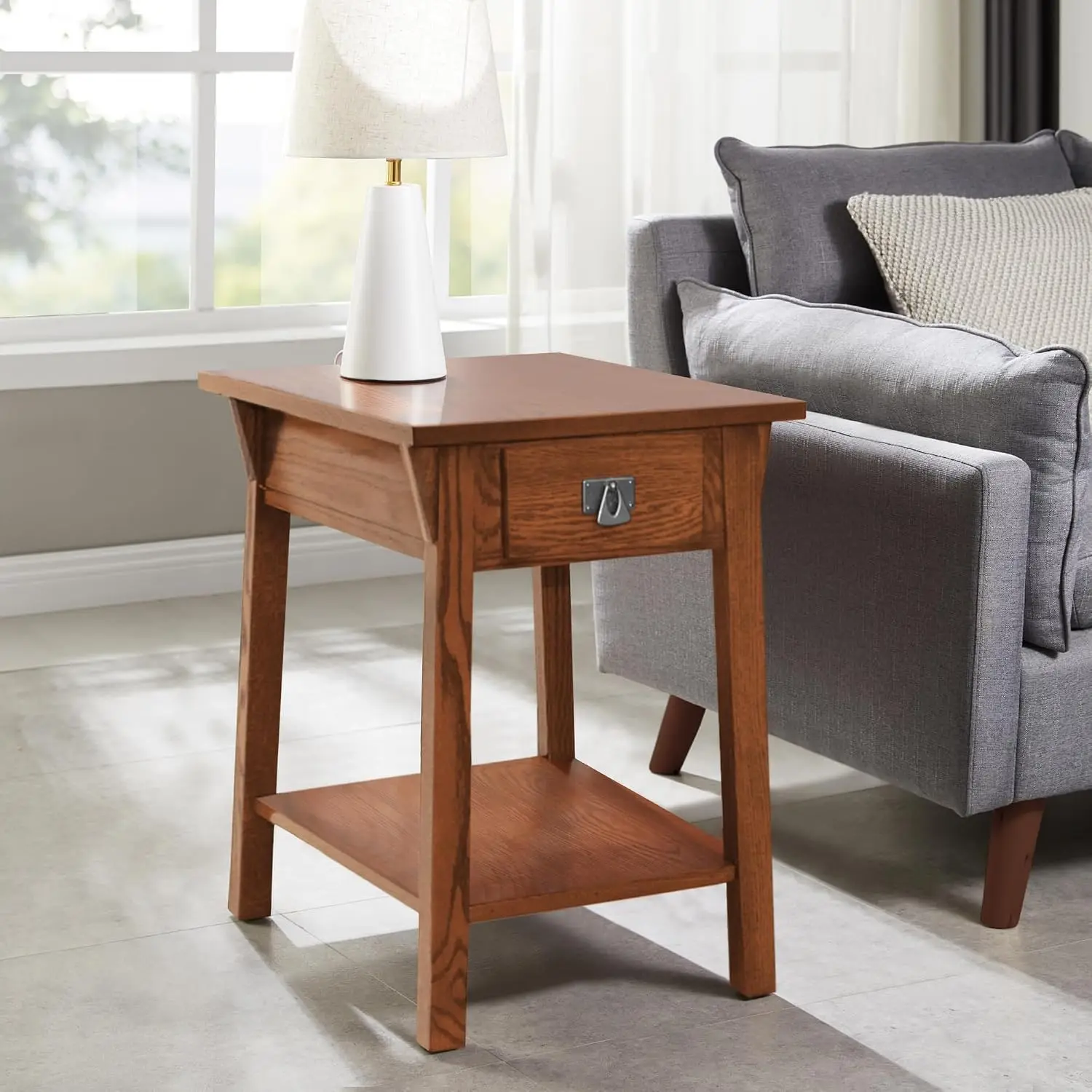 Mission End Table, Solid Wood, 1 Storage Drawer, Bottom Display Shelf, Narrow, Easy-Assembly, For Living Room/Bedroom, Russet, 2