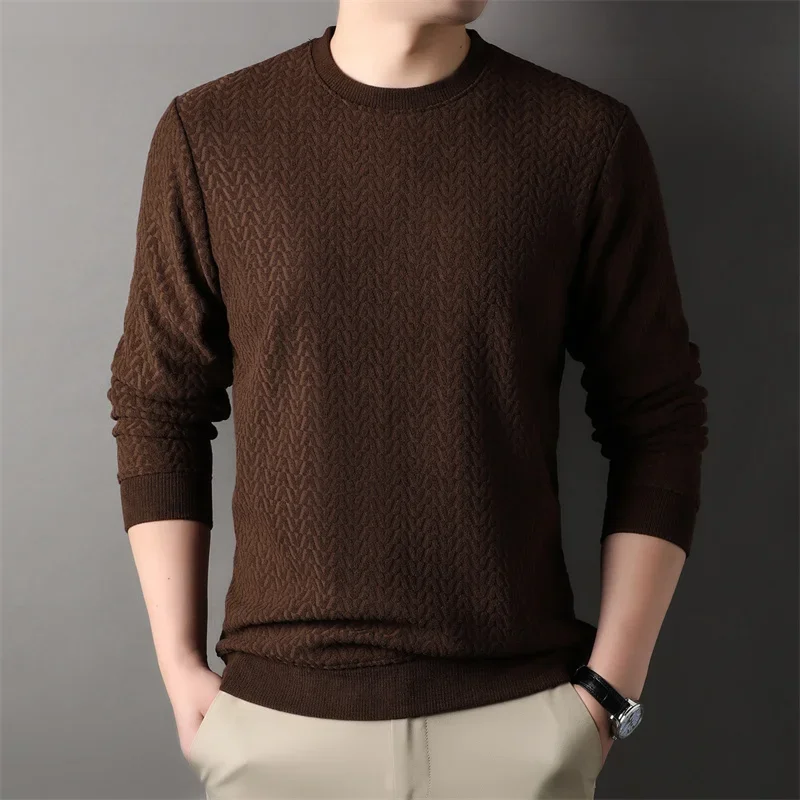 New Men\'s Casual Jacquard Long Sleeved Round Neck T-shirt Fashion Top