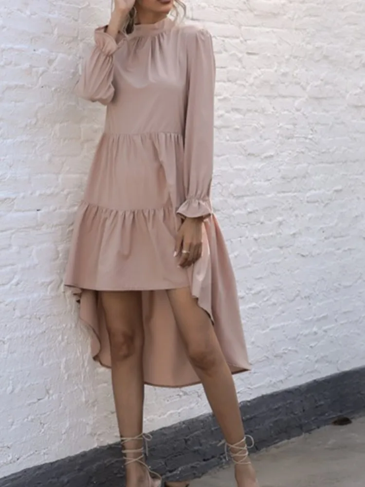 

Dresses 2025 Woman Solid Color Long Sleeve Vestidos Irregular Half Turtleneck Dress Temperament Simple Style All-match Vacation