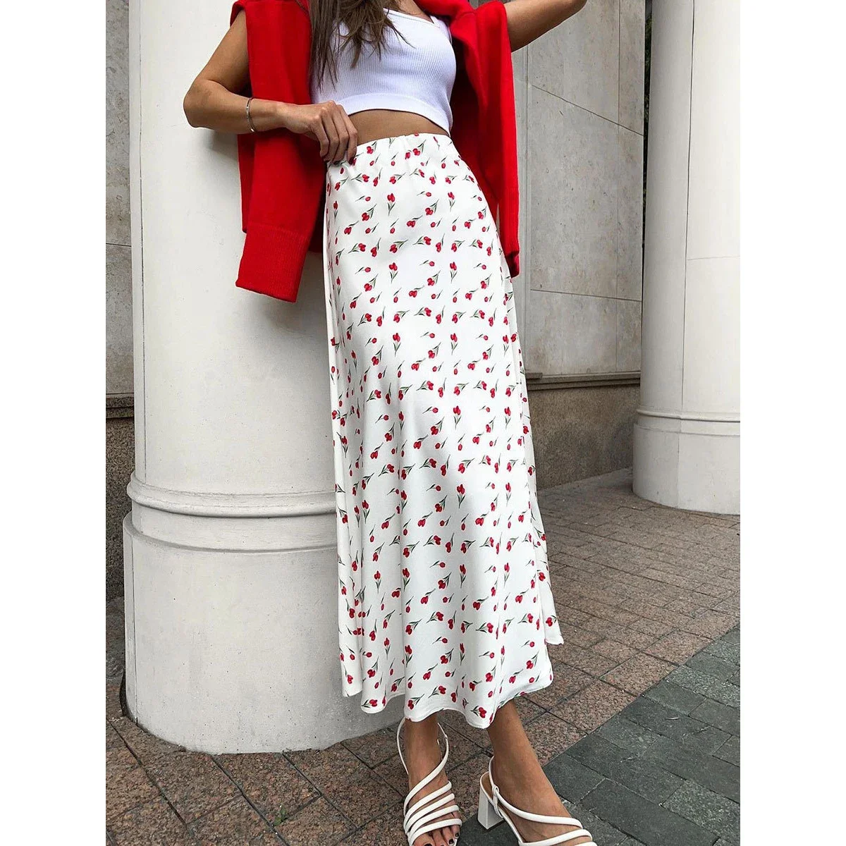 

New Women's Elegant A-Line Flower Print White Long Skirt High Waist Summer Skirt Femme Faldas Jupe Saia Spring Maxi Skirt